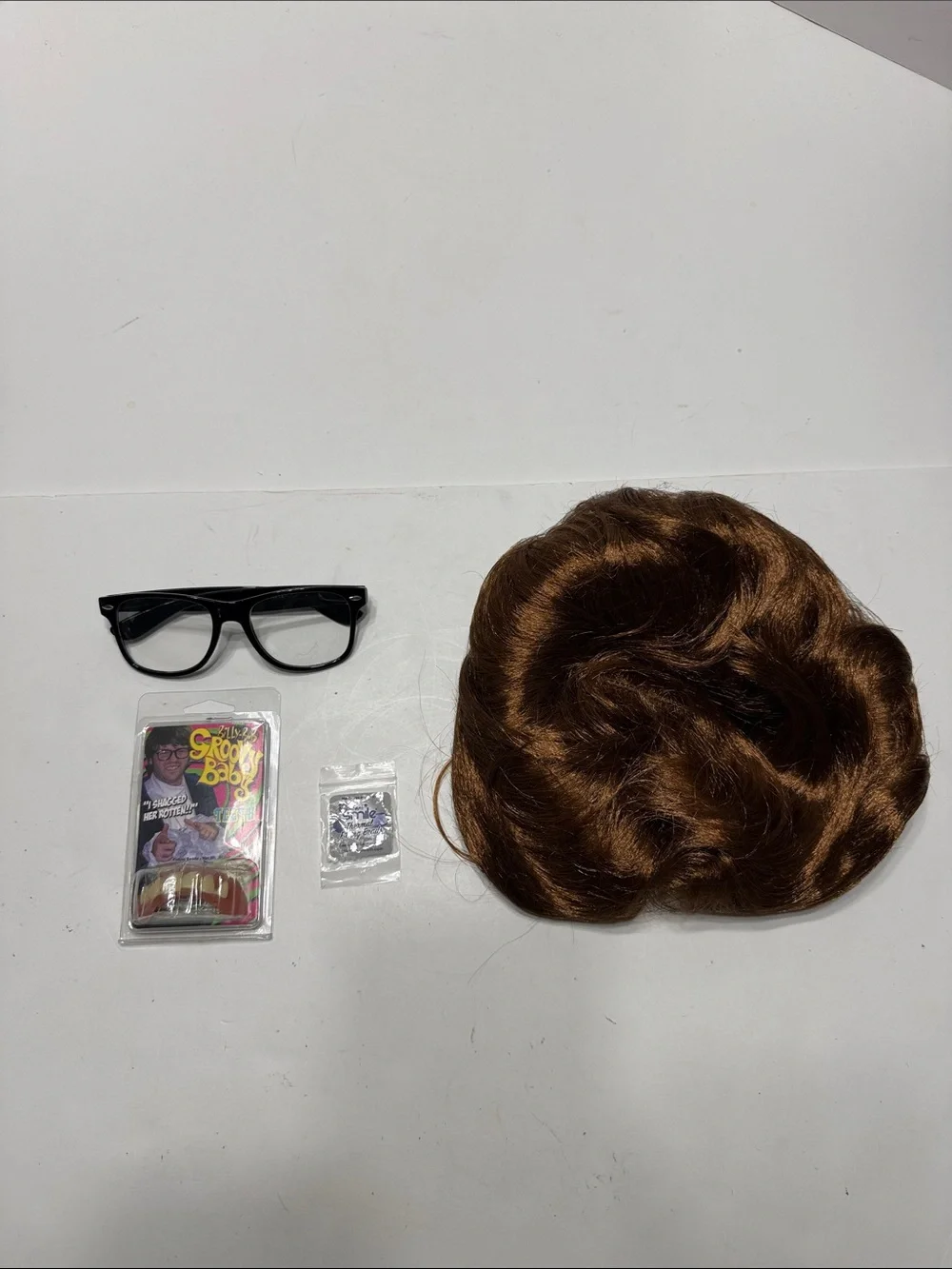 Brown Costume Wig with Black Glasses and Accessories